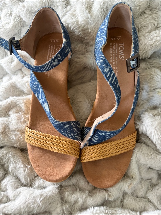 Toms Shoes - TOMS Blue Patterned Ankle-Strap Sandals with Tan Braided Front